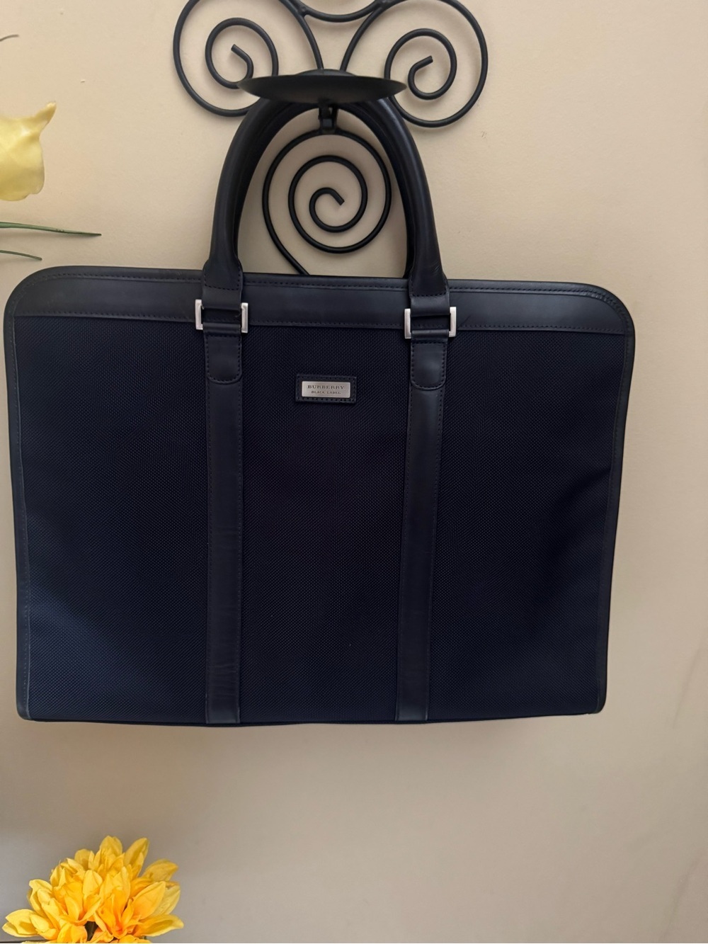 Authentic Burberry Black Label Nylon Briefcase with Gold-Tone Plaque